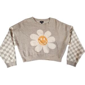 Originality Large long sleeve smiley face daisy checked boxy sweater tan cream